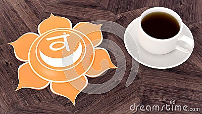Ð¡up of coffee on a wooden table. Morning Chakra Meditation. Svadhistana symbol 3d illustration Stock Photo